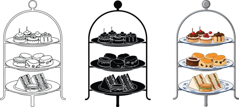 Collection of three-tiered cake stands with assorted pastries sandwiches and scones perfect for afternoon tea or event catering