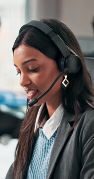 Call center, support or woman in agency with headset, lead generation or customer service in crm management. Telemarketing, coworking or agent with tech, outbound contact or feedback in help desk.
