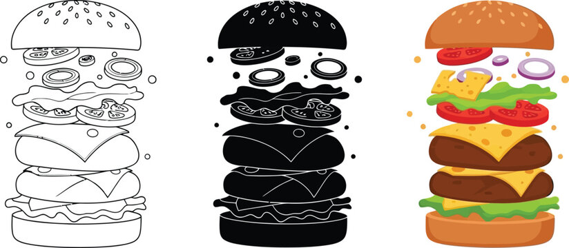 Exploded view of a delicious hamburger with layers of ingredients a black silhouette and a line art version perfect for food advertising and design