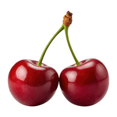Two fresh red cherries with green stems and water droplets on surface