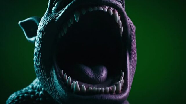 Dramatic close-up of a fearsome creature roaring, its wide-open mouth displaying sharp fangs