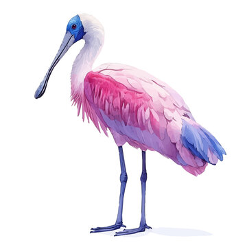 Spoonbill, serene watercolor vector artwork with smooth washes of color and refined textures, isolated on a white background.