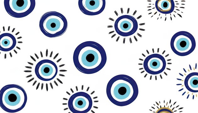A hand-drawn seamless pattern featuring traditional turkish evil eye symbols scattered on a clean white background.