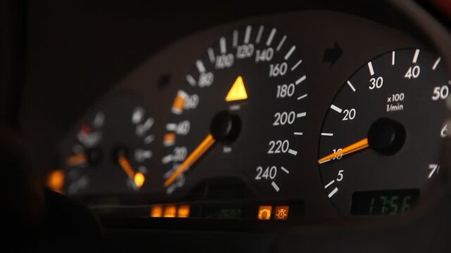 Close up view of a car dashboard instrument cluster focusing on the tachometer with the needle moving up and down as the engine revs, speedometer visible in background.

