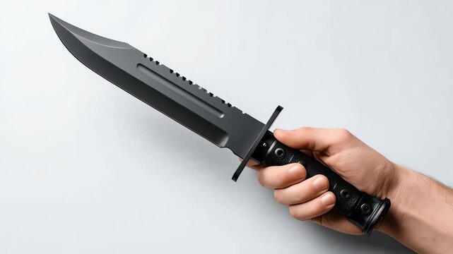 Hand holding a black combat knife.
