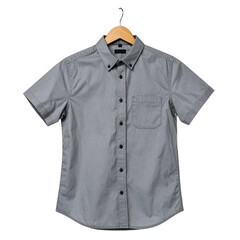 Short-sleeve gray button-down shirt hanging on a wooden hanger, isolated on black