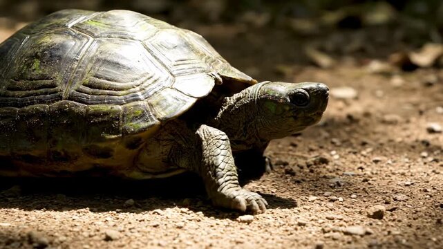 A close-up shot of a tortoise with detailed shell and textured skin