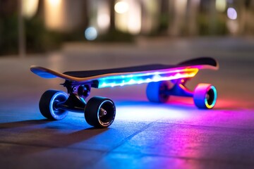 Neon Skateboard with Lights in Motion Blur at Night