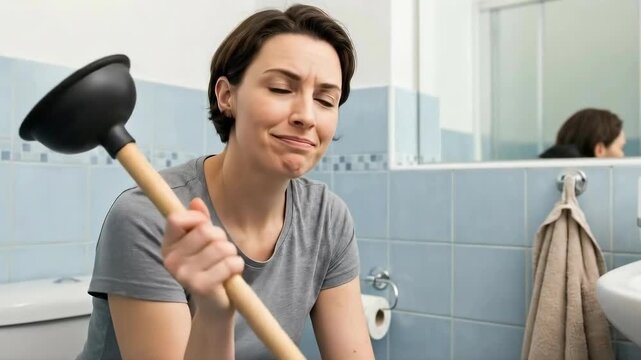 Woman tackles clogged bathroom sink with plunger in threestep process