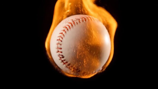 A close-up shows a white sphere with red stitching, enveloped by swirling flames against a stark black background. The ball appears to be burning