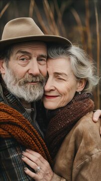 This captures a tender moment between two elderly individuals, their love story evident in the gentle hug they share.
