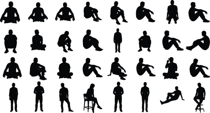 Collection of black silhouettes of men and women in various seated and standing poses people