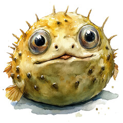 watercolor draw of Pufferfish, isolated on a white background. © skynora