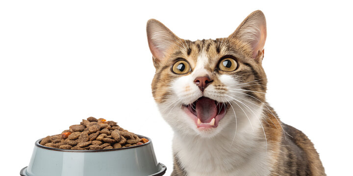 Realistic cat reacting to food, funny hungry expression, focused eyes, food craving emotion, isolated on transparent background, PNG, ultra realistic
