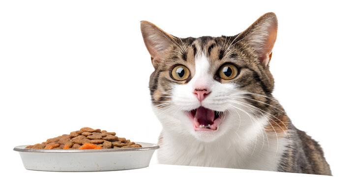Realistic cat reacting to food, funny hungry expression, focused eyes, food craving emotion, isolated on transparent background, PNG, ultra realistic
