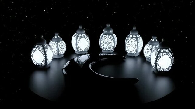 White glowing Arabic lanterns and a black crescent moon slowly rotate under a starry night sky, ideal for Ramadan Kareem, Eid Mubarak, Islamic celebrations, or cultural event backgrounds.