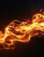 Fototapeta premium Vibrant, swirling orange and yellow flames with scattered embers against a dark background.