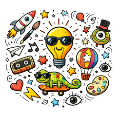 Fototapeta premium Colorful Cartoon Illustration of Creative Symbols and Characters