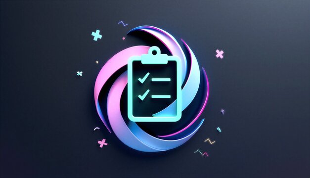 Neon clipboard with checklist and colorful swirling shapes and symbols on dark background
