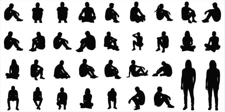 Large Collection of Diverse Human Silhouettes Sitting and Standing in Various Poses on White Background