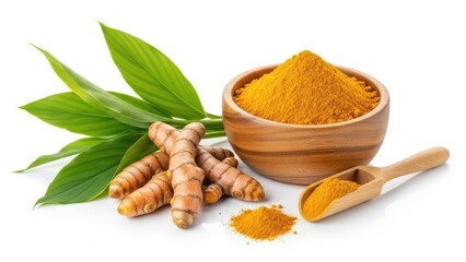 Fresh Turmeric Roots and Bright Yellow Powder in Wooden Bowl and Scoop on White Background
