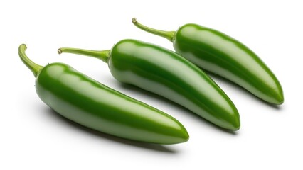 Three fresh green jalape&ntilde;o peppers with stems on a white background