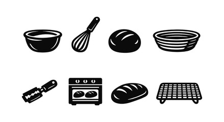Bread baking icons set: bowl, whisk, dough, proofing basket, lame, oven, bread, cooling rack