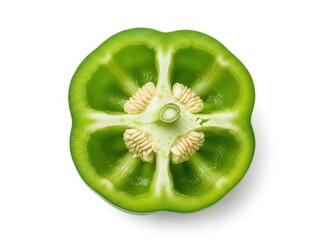 Top-down view of a vibrant green bell pepper half with seeds on white background