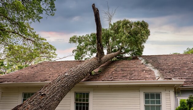 a large tree lies on a house roof displaying significant storm damage after the storm