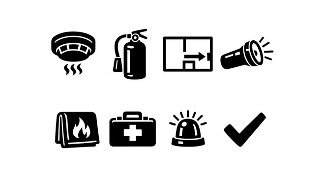 Emergency safety icons: fire alarm, extinguisher, evacuation plan, flashlight, fire blanket, first aid, alarm, checkmark
