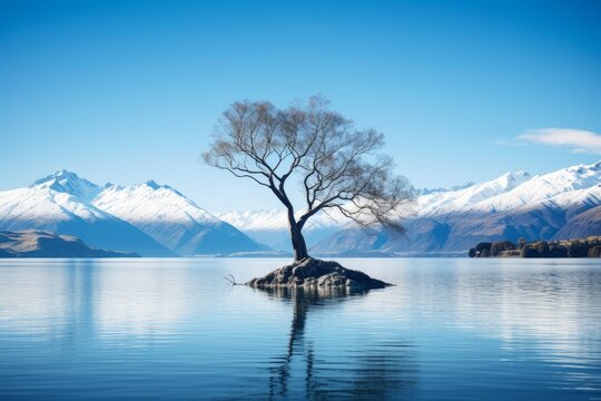 Iconic wanaka tree growing out of the water in a lake with snow capped mountains