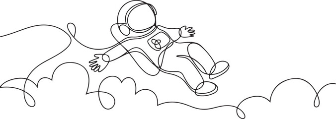 Single continuous line drawing young astronaut hang in clouds. Hoping for successful spaceship exploring or expedition project. one line Icon drawing © Nargis