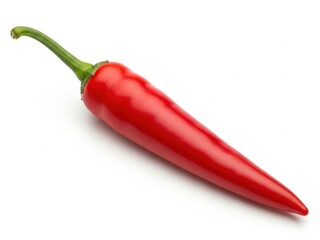 Single Bright Red Chili Pepper with Green Stem Isolated on White Background