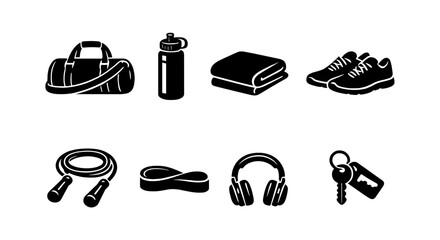 Fitness equipment icons: bag, water bottle, towel, shoes, jump rope, resistance band, headphones, keys