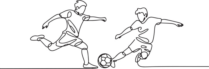 One continuous line drawing of two young energetic football player fighting for the ball at the game. Soccer match sports concept. one line Icon drawing © Nargis