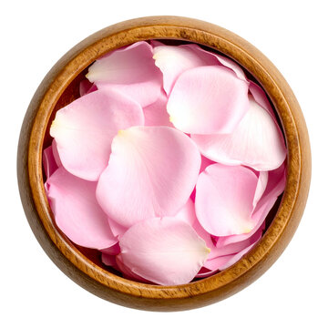 Overhead view of a wooden bowl filled with delicate pink rose petals on a black backdrop