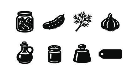 Set of food and kitchen icons: pickle, cucumber, dill, garlic, oil, salt, weight, price tag