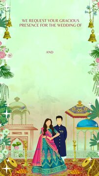 A digital illustration of an invitation to a luxurious indian wedding ceremony, featuring ornate structures, vibrant flowers, and traditional indian drums on a patterned rug.