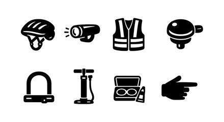 Bicycle safety equipment icons set: helmet, light, vest, bell, lock, pump, repair kit, indicator