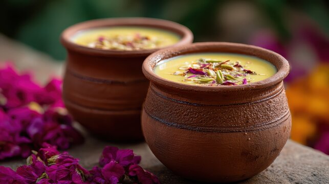 traditional indian drink, a top-notch display features two terracotta kulhad cups filled with flavorful thandai, with a blurred holi celebration in the background