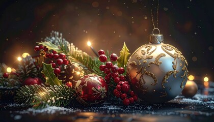 Festive close-up of glittering Christmas ornaments nestled with evergreen branches and bright red berries.