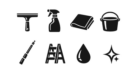 Obraz premium Set of cleaning tools icons: squeegee, spray bottle, cloth, bucket, and more