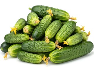 Pile of Fresh Green Cucumbers with Yellow Flowers on White Background