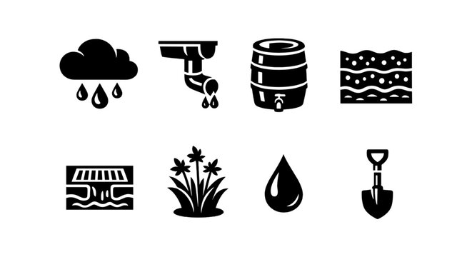 Water conservation icons: rain, gutter, barrel, soil, drain, plants, drop, shovel