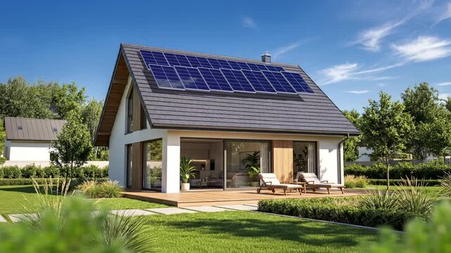 Nice house with solar panels - 3d animation