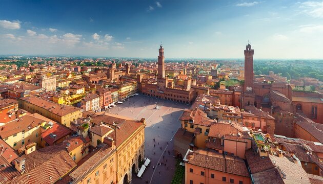 aerial cityscape view of piazza maggiore square in the city of bologna italy historic city center of bologna italy beautiful ancient historical buildings of bologna italy landmark of italy