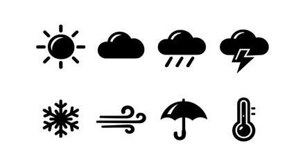 Obraz premium Weather icons: sun, clouds, rain, lightning, snow, wind, umbrella, thermometer
