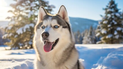Naklejka premium Happy Husky Dog in Snowy Landscape.