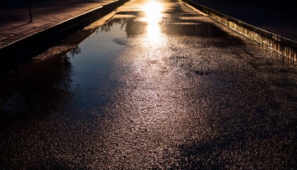 dark street with wet asphalt and reflections of rays in the water