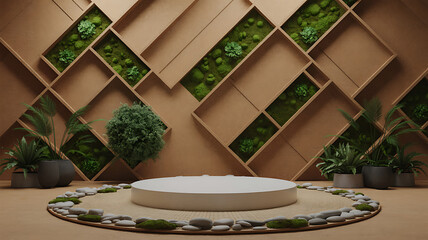 Podium display with natural elements and geometric wall